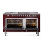 ILVE UN60FSNMPBUC Nostalgie II Noblesse 60 inch Dual Fuel Range (7 Sealed Burners + Griddle + French Top, Natural Gas, Triple Glass Door, Burgundy, Chrome)