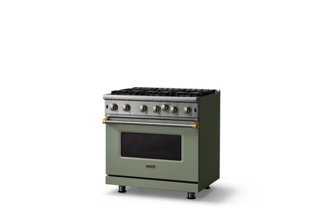 36"W. Open Burner Gas Range (Finish: Eucalyptus, Trim: Brushed Brass, Fuel: Natural Gas)
