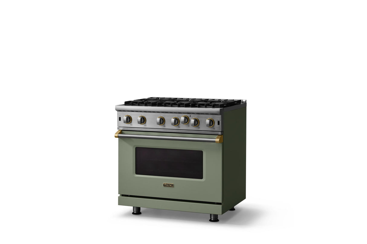 36"W. Open Burner Gas Range (Finish: Eucalyptus, Trim: Brushed Brass, Fuel: Propane)
