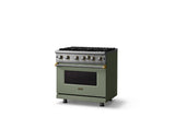 36"W. Open Burner Gas Range (Finish: Eucalyptus, Trim: Brushed Brass, Fuel: Propane)