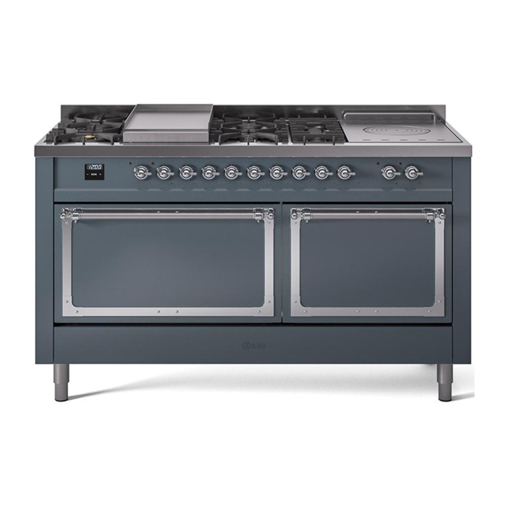 ILVE UN60FSQNMPBGCLP Nostalgie II Noblesse 60 inch Dual Fuel Range (7 Sealed Burners + Griddle + French Top, Liquid Propane, Solid Door, Blue Grey, Chrome)