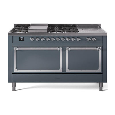 ILVE UN60FSQNMPBGCLP Nostalgie II Noblesse 60 inch Dual Fuel Range (7 Sealed Burners + Griddle + French Top, Liquid Propane, Solid Door, Blue Grey, Chrome)