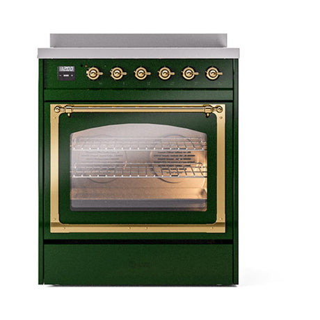 ILVE UNI304NMPEGG Nostalgie II Noblesse 30 inch Induction Range (Triple Glass Door, Emerald Green, Brass)