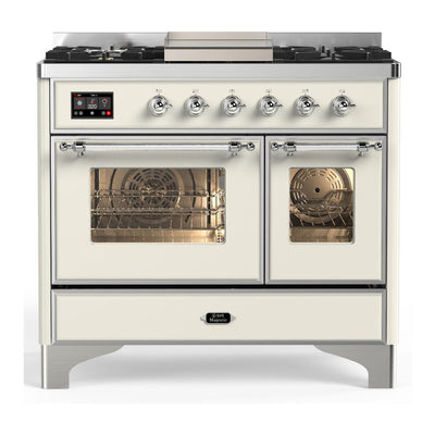 ILVE UMD40FNR3AWCLP Majestic III 40 inch Dual Fuel Range with 6 Burners and Griddle, Dual Function Burner up to 25,000 BTU (Liquid Propane, Triple Glass Door, Antique White, Chrome)