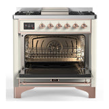 ILVE UM36FNR3AWPLP Majestic III 36 inch Dual Fuel Range with 6 Black Brass Burners and Griddle, Dual Function Burner up to 25,000 BTU (Triple Glass Door, Antique White, Copper, Liquid Propane)