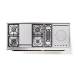 ILVE UN60FSQNMPWHB Nostalgie II Noblesse 60 inch Dual Fuel Range (7 Sealed Burners + Griddle + French Top, Natural Gas, Solid Door, White, Burnished)