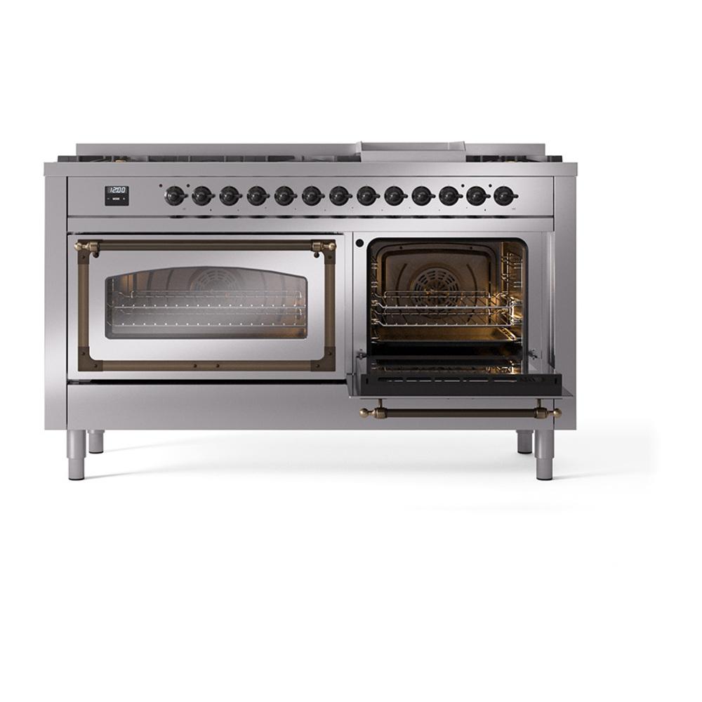 ILVE UN60FNMPSSBLP Nostalgie II Noblesse 60 inch Dual Fuel Range (9 Sealed Burners + Griddle, Liquid Propane, Triple Glass Door, Stainless Steel, Burnished)