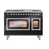 ILVE UN48FNMPBKC Nostalgie II Noblesse 48 inch Dual Fuel Range (8 Sealed Burners + Griddle, Natural Gas, Triple Glass Door, Glossy Black, Chrome)
