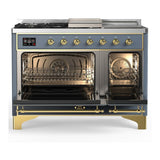 ILVE UM48FSNR3BGGLP Majestic III 48 inch Dual Fuel Range with 5 Black Brass Burners, Griddle and French Top, Dual Function Burner up to 25,000 BTU (Liquid Propane, Triple Glass Door, Blue Grey, Brass)