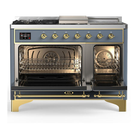 ILVE UM48FSNR3BGGLP Majestic III 48 inch Dual Fuel Range with 5 Black Brass Burners, Griddle and French Top, Dual Function Burner up to 25,000 BTU (Liquid Propane, Triple Glass Door, Blue Grey, Brass)