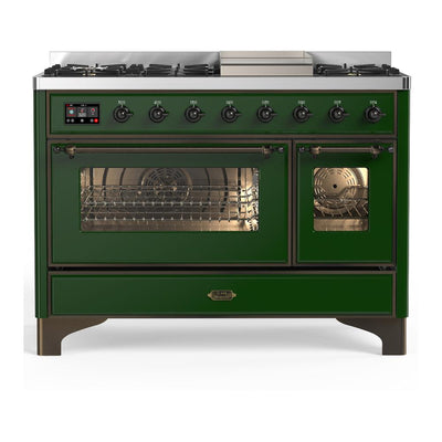 ILVE UM48FNR3EGB Majestic III 48 inch Dual Fuel Range with 8 Burners and Griddle, Dual Function Burner up to 25,000 BTU (Natural Gas, Triple Glass Door, Emerald Green, Burnished)