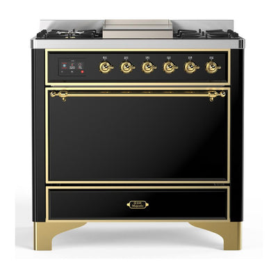ILVE UM36FQNR3BKG Majestic III 36 inch Dual Fuel Range with 6 Black Brass Burners and Griddle, Dual Function Burner up to 25,000 BTU (Solid Door, Glossy Black, Brass, Natural Gas)