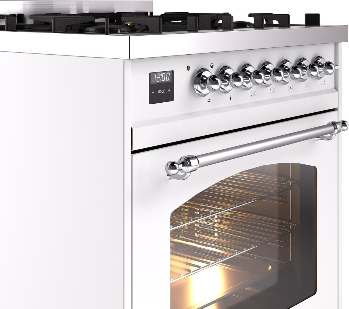 Nostalgie II 30 Inch Dual Fuel Natural Gas Freestanding Range in White with Chrome Trim