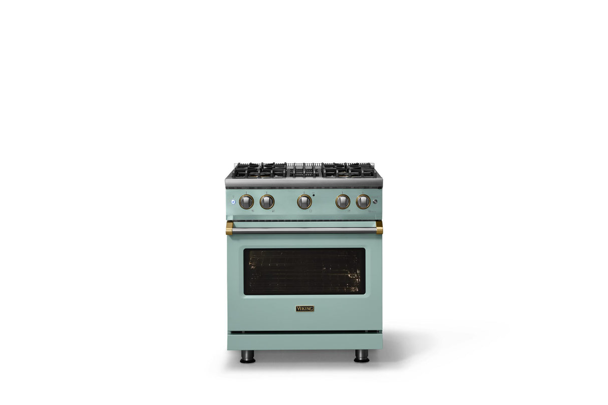 30"W. Sealed Burner Gas Range (Finish: Splash, Trim: Brushed Brass, Fuel: Natural Gas)