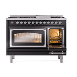 ILVE UN48FNMPBKC Nostalgie II Noblesse 48 inch Dual Fuel Range (8 Sealed Burners + Griddle, Natural Gas, Triple Glass Door, Glossy Black, Chrome)
