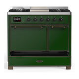 ILVE UMD40FQNR3EGB Majestic III 40 inch Dual Fuel Range with 6 Burners and Griddle, Dual Function Burner up to 25,000 BTU (Natural Gas, Solid Door, Emerald Green, Burnished)