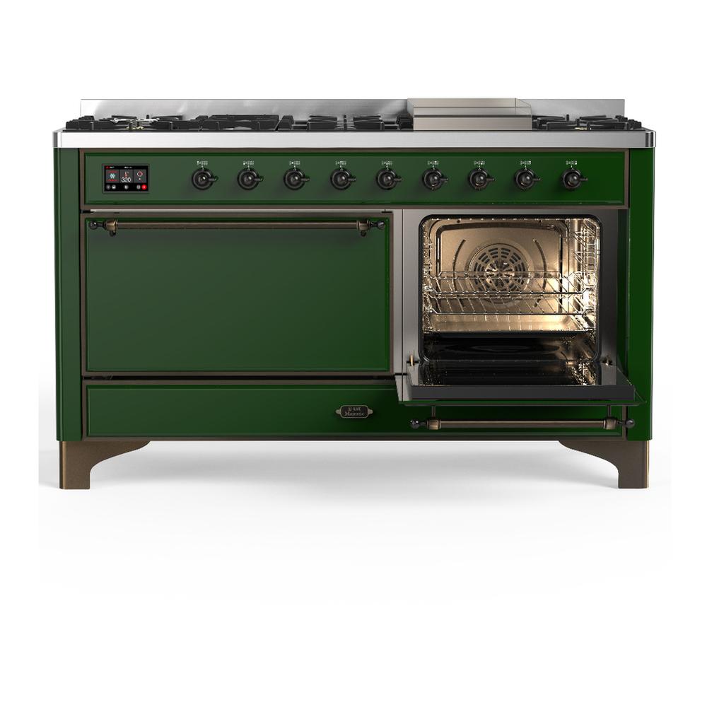 ILVE UM60FQNR3EGB Majestic III 60 inch Dual Fuel Range with 9 Burners and Griddle, Dual Function Burner up to 25,000 BTU (Natural Gas, Solid Door, Emerald Green, Burnished)