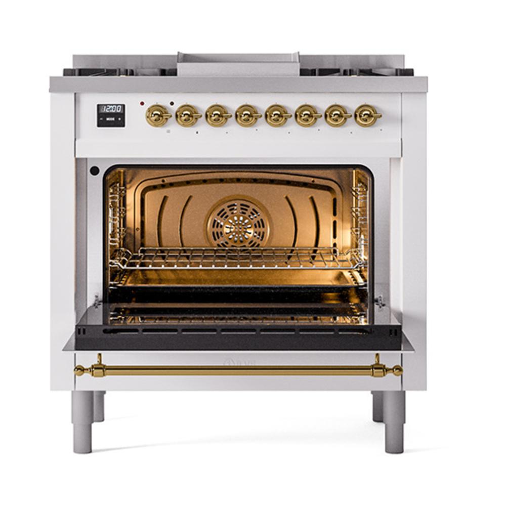ILVE UN36FQNMPWHG Nostalgie II Noblesse 36 inch Dual Fuel Range (Natural Gas, Solid Door, White, Brass)