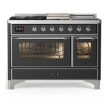 ILVE UM48FSNR3MGCLP Majestic III 48 inch Dual Fuel Range with 5 Black Brass Burners, Griddle and French Top, Dual Function Burner up to 25,000 BTU (Liquid Propane, Triple Glass Door, Graphite Matte, Chrome)