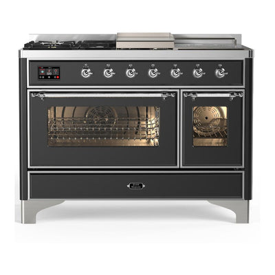 ILVE UM48FSNR3MGCLP Majestic III 48 inch Dual Fuel Range with 5 Black Brass Burners, Griddle and French Top, Dual Function Burner up to 25,000 BTU (Liquid Propane, Triple Glass Door, Graphite Matte, Chrome)