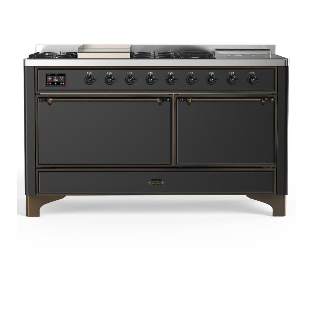 ILVE UM60FSQNR3MGBLP Majestic III 60 inch Dual Fuel Range with 7 Burners, Griddle and French Top, Dual Function Burner with up to 25,000 BTU (Liquid Propane, Solid Door, Graphite Matte, Burnished)