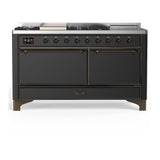 ILVE UM60FSQNR3MGBLP Majestic III 60 inch Dual Fuel Range with 7 Burners, Griddle and French Top, Dual Function Burner with up to 25,000 BTU (Liquid Propane, Solid Door, Graphite Matte, Burnished)