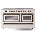 ILVE UN60FSNMPAWB Nostalgie II Noblesse 60 inch Dual Fuel Range (7 Sealed Burners + Griddle + French Top, Natural Gas, Triple Glass Door, Antique White, Burnished)