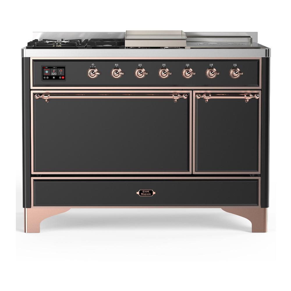 ILVE UM48FSQNR3MGP Majestic III 48 inch Dual Fuel Range with 5 Black Brass Burners, Griddle and French Top, Dual Function Burner up to 25,000 BTU (Natural Gas, Solid Door, Graphite Matte, Copper)