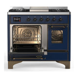 ILVE UMD40FNR3MBBLP Majestic III 40 inch Dual Fuel Range with 6 Burners and Griddle, Dual Function Burner up to 25,000 BTU (Liquid Propane, Triple Glass Door, Midnight Blue, Burnished)