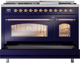 Nostalgie II 48 Inch Dual Fuel Liquid Propane Freestanding Range in Blue with Copper Trim