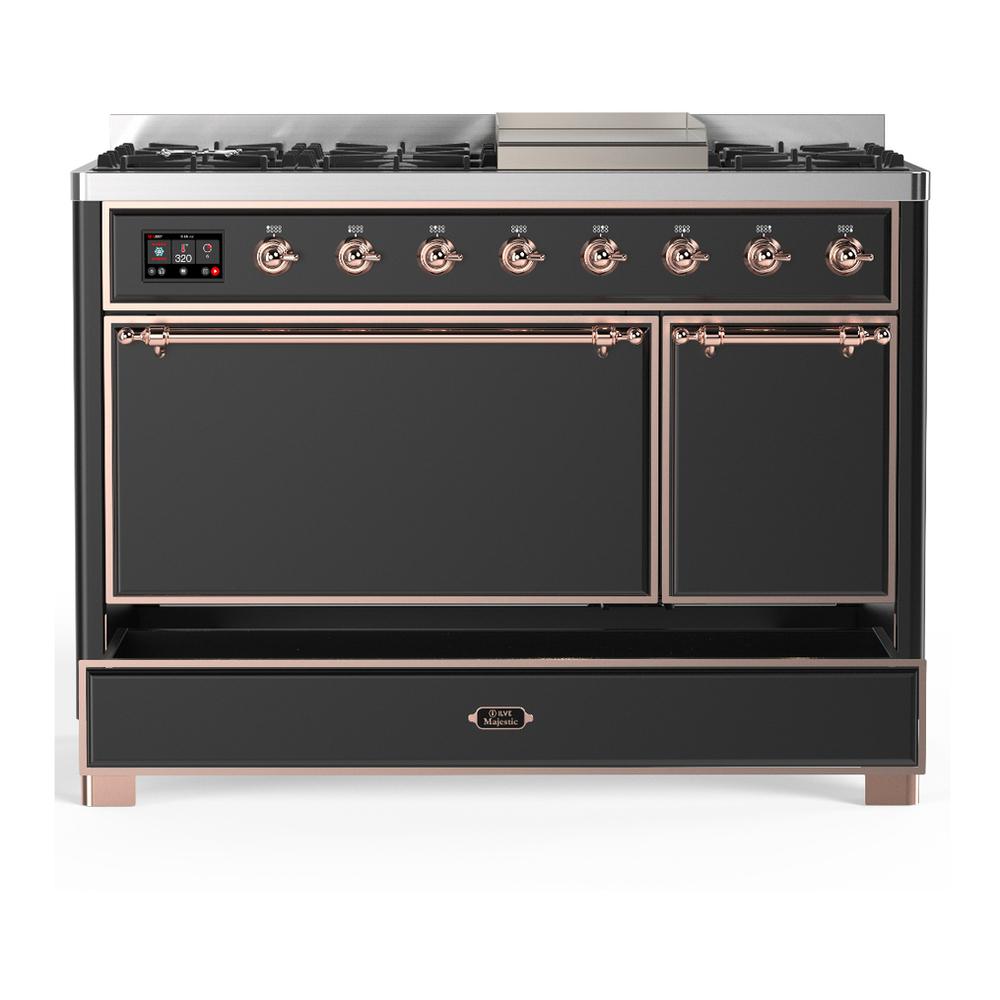 ILVE UM48FQNR3MGP Majestic III 48 inch Dual Fuel Range with 8 Burners and Griddle, Dual Function Burner up to 25,000 BTU (Natural Gas, Solid Door, Graphite Matte, Copper)