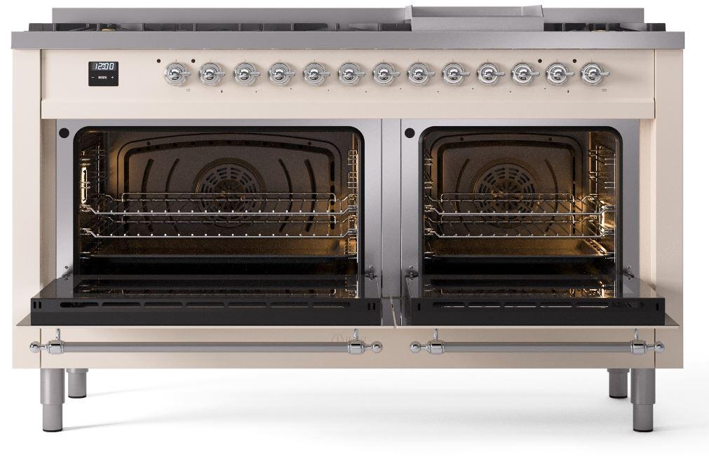 Nostalgie II 60 Inch Dual Fuel Liquid Propane Freestanding Range in Antique White with Chrome Trim