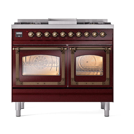 ILVE UND40FNMPBUBLP Nostalgie II Noblesse 40 inch Dual Fuel Range (Liquid Propane, Triple Glass Door, Burgundy, Burnished)