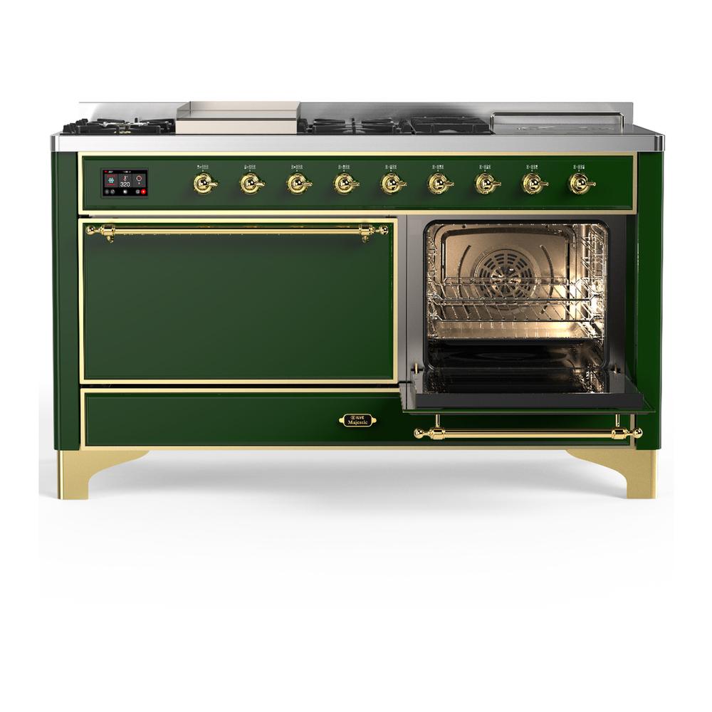 ILVE UM60FSQNR3EGG Majestic III 60 inch Dual Fuel Range with 7 Burners, Griddle and French Top, Dual Function Burner with up to 25,000 BTU (Natural Gas, Solid Door, Emerald Green, Brass)