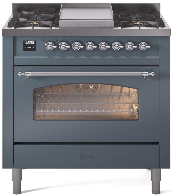 Nostalgie II 36 Inch Dual Fuel Liquid Propane Freestanding Range in Blue Grey with Chrome Trim
