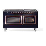 ILVE UN60FNMPMBPLP Nostalgie II Noblesse 60 inch Dual Fuel Range (9 Sealed Burners + Griddle, Liquid Propane, Triple Glass Door, Midnight Blue, Copper)