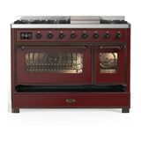 ILVE UM48FNR3BUBLP Majestic III 48 inch Dual Fuel Range with 8 Burners and Griddle, Dual Function Burner up to 25,000 BTU (Liquid Propane, Triple Glass Door, Burgundy, Burnished)