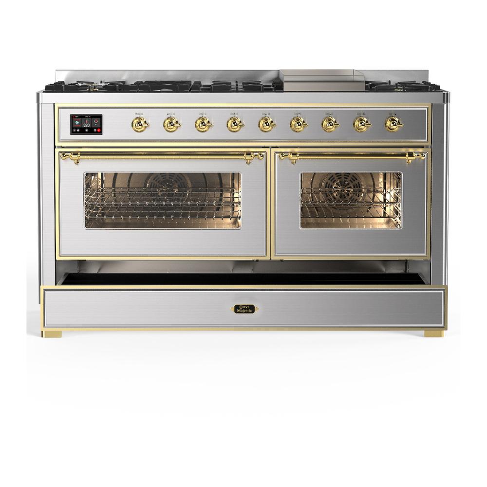 ILVE UM60FNR3SSGLP Majestic III 60 inch Dual Fuel Range with 9 Burners and Griddle, Dual Function Burner up to 25,000 BTU (Liquid Propane, Triple Glass Door, Stainless Steel, Brass)