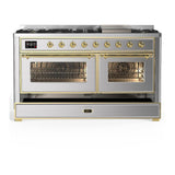 ILVE UM60FNR3SSGLP Majestic III 60 inch Dual Fuel Range with 9 Burners and Griddle, Dual Function Burner up to 25,000 BTU (Liquid Propane, Triple Glass Door, Stainless Steel, Brass)