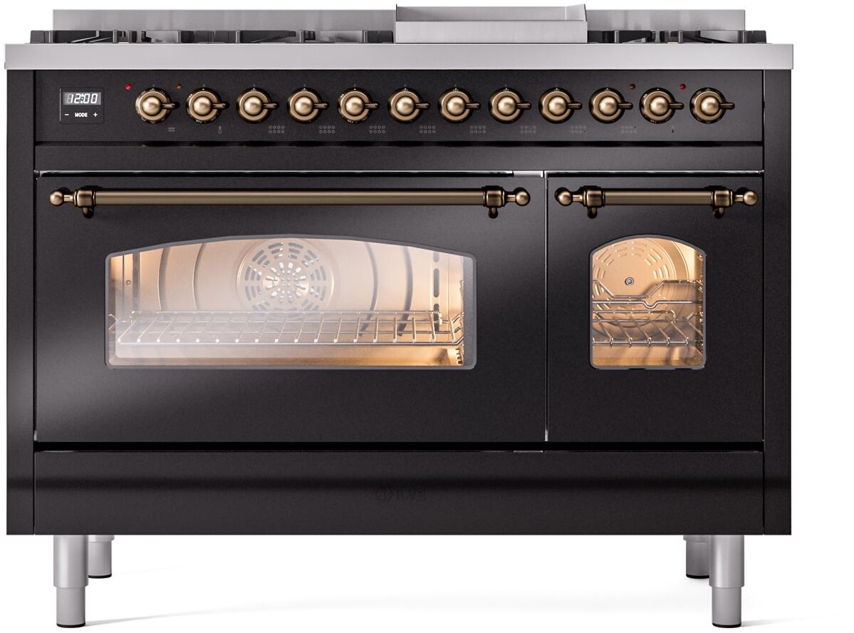 Nostalgie II 48 Inch Dual Fuel Liquid Propane Freestanding Range in Glossy Black with Bronze Trim