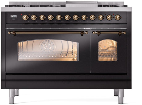 Nostalgie II 48 Inch Dual Fuel Liquid Propane Freestanding Range in Glossy Black with Bronze Trim