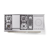 ILVE UN60FSNMPWHG Nostalgie II Noblesse 60 inch Dual Fuel Range (7 Sealed Burners + Griddle + French Top, Natural Gas, Triple Glass Door, White, Brass)