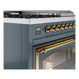 ILVE UN48FSNMPBGG Nostalgie II Noblesse 48 inch Dual Fuel Range (5 Sealed Burners + Griddle + French Top, Natural Gas, Triple Glass Door, Blue Grey, Brass)