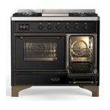 ILVE UMD40FNR3BKBLP Majestic III 40 inch Dual Fuel Range with 6 Burners and Griddle, Dual Function Burner up to 25,000 BTU (Liquid Propane, Triple Glass Door, Glossy Black, Burnished)