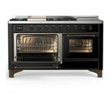 ILVE UM60FSNR3BKB Majestic III 60 inch Dual Fuel Range with 7 Burners, Griddle and French Top, Dual Function Burner with up to 25,000 BTU (Natural Gas, Triple Glass Door, Glossy Black, Burnished)