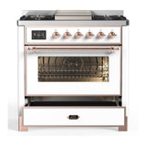 ILVE UM36FNR3WHPLP Majestic III 36 inch Dual Fuel Range with 6 Black Brass Burners and Griddle, Dual Function Burner up to 25,000 BTU (Triple Glass Door, White, Copper, Liquid Propane)