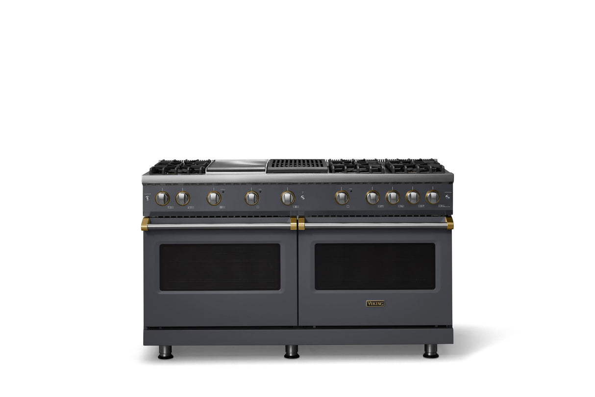 60"W. Sealed Burner Gas Range (Finish: Cast Black, Trim: Brushed Brass, Fuel: Natural Gas)