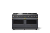 60"W. Sealed Burner Gas Range (Finish: Cast Black, Trim: Brushed Brass, Fuel: Propane)