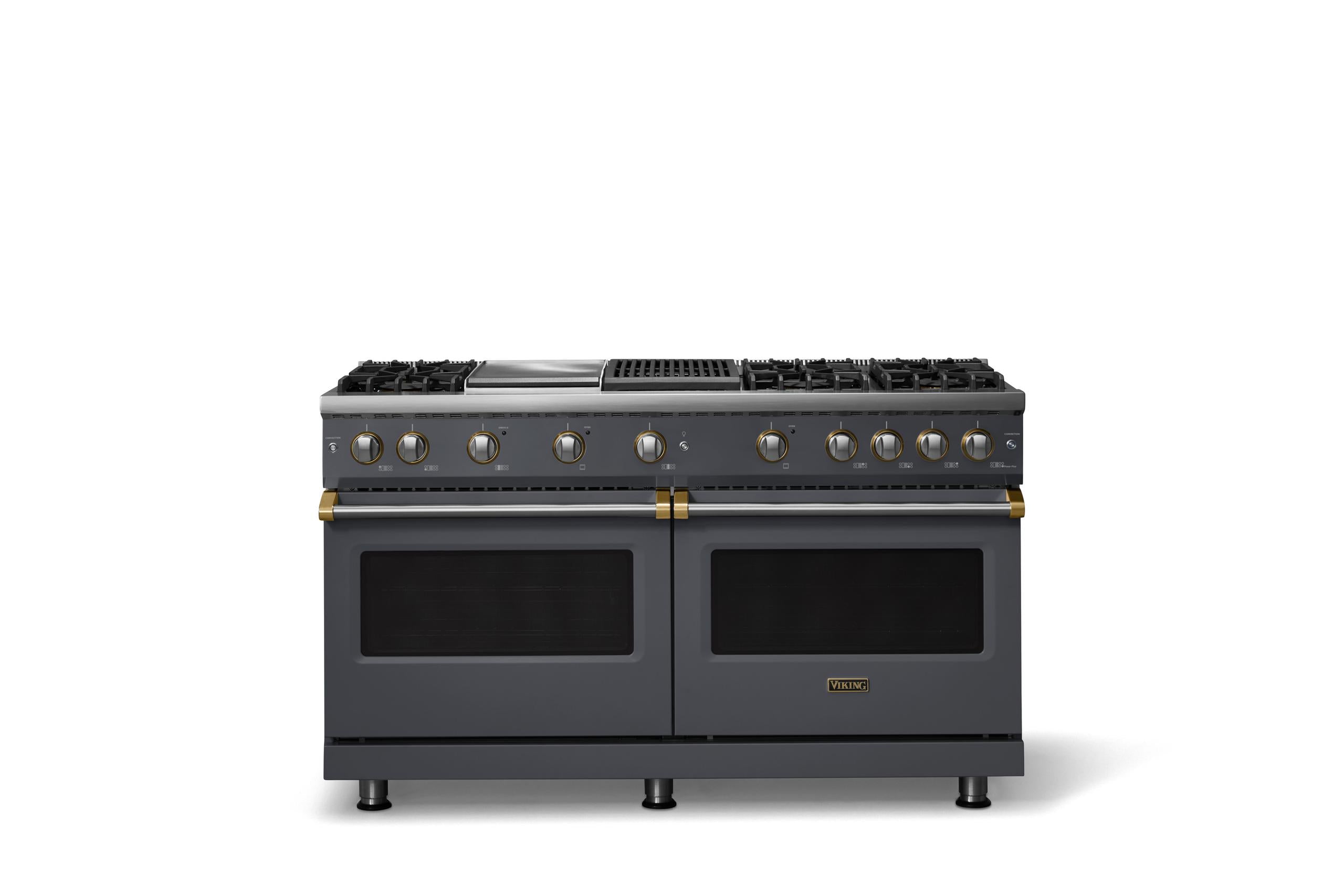 60"W. Sealed Burner Gas Range (Finish: Cast Black, Trim: Brushed Brass, Fuel: Propane)