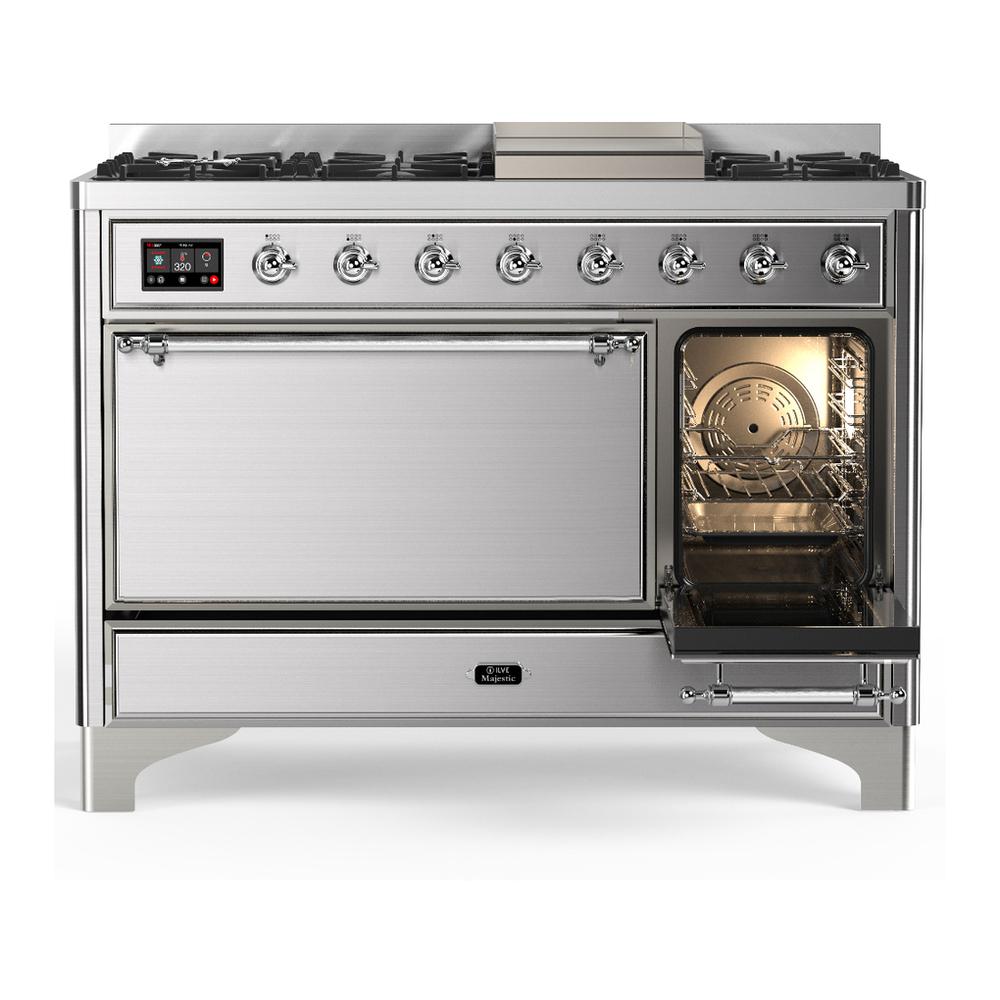ILVE UM48FQNR3SSC Majestic III 48 inch Dual Fuel Range with 8 Burners and Griddle, Dual Function Burner up to 25,000 BTU (Natural Gas, Solid Door, Stainless Steel, Chrome)